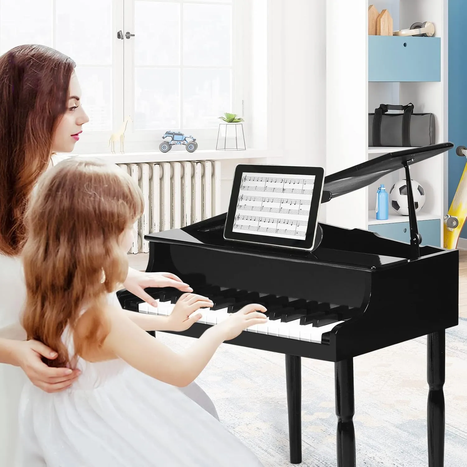 Goplus 30-Key Classical Kids Piano, Mini Grand Piano Wooden Learn-to-Play Musical Instrument Toy with Bench, Piano Lid, Music Rack, Gift for Boys Girls Aged 2  Baby Toddler (4 Straight Leg-Black)