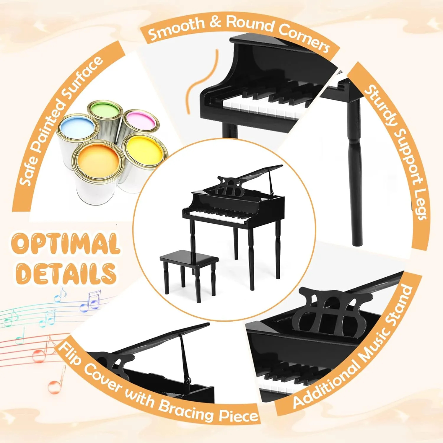 Goplus 30-Key Classical Kids Piano, Mini Grand Piano Wooden Learn-to-Play Musical Instrument Toy with Bench, Piano Lid, Music Rack, Gift for Boys Girls Aged 2  Baby Toddler (4 Straight Leg-Black)