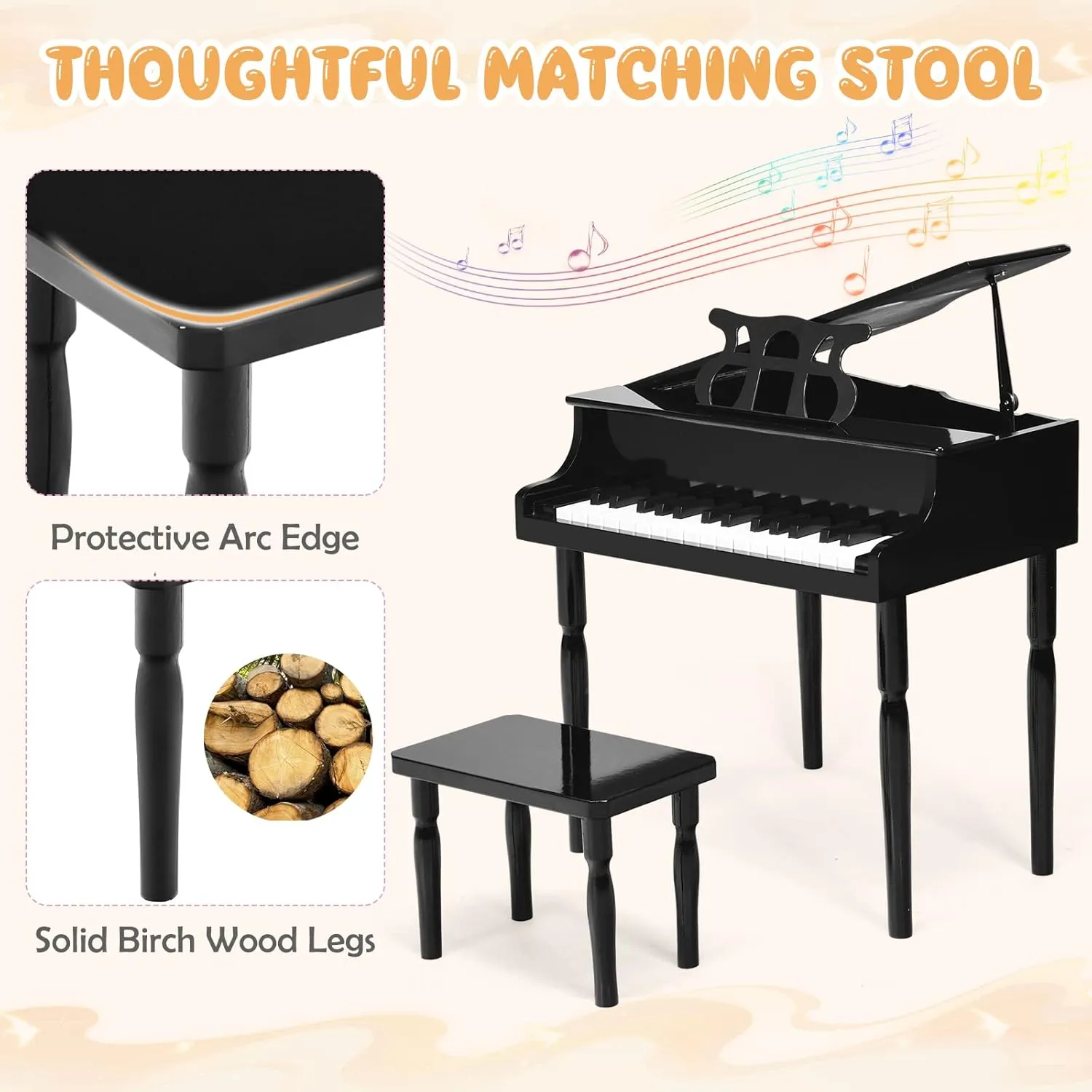 Goplus 30-Key Classical Kids Piano, Mini Grand Piano Wooden Learn-to-Play Musical Instrument Toy with Bench, Piano Lid, Music Rack, Gift for Boys Girls Aged 2  Baby Toddler (4 Straight Leg-Black)