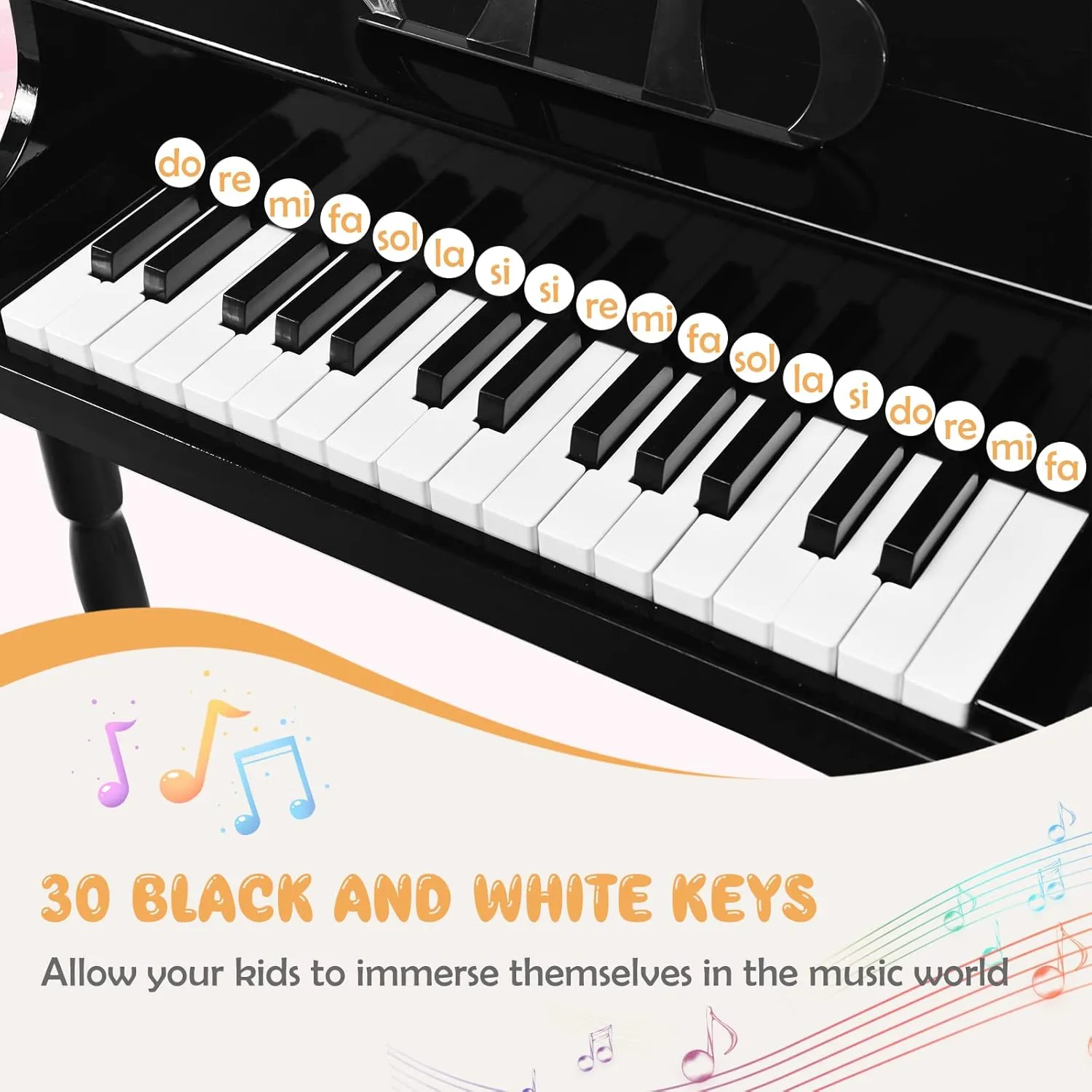 Goplus 30-Key Classical Kids Piano, Mini Grand Piano Wooden Learn-to-Play Musical Instrument Toy with Bench, Piano Lid, Music Rack, Gift for Boys Girls Aged 2  Baby Toddler (4 Straight Leg-Black)