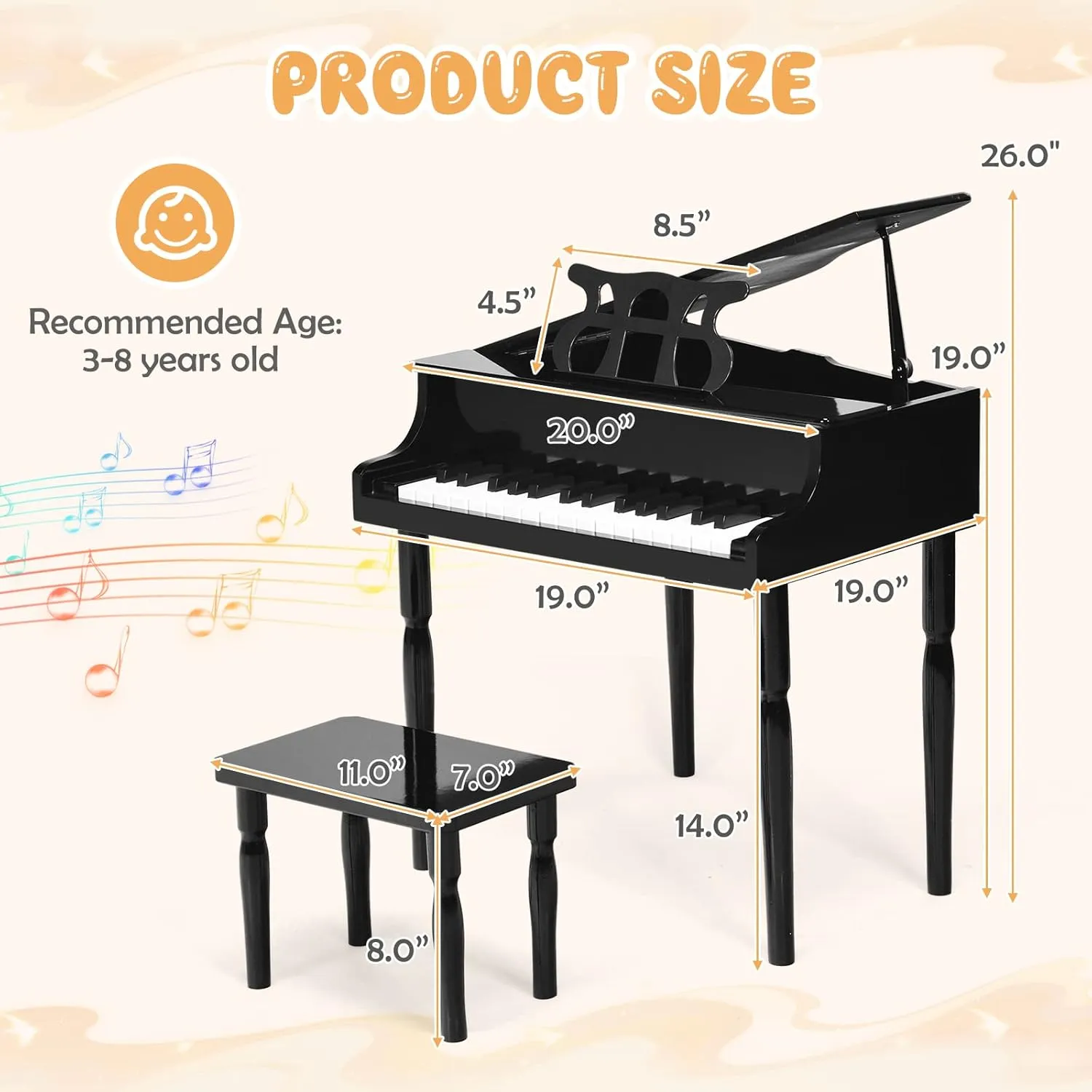 Goplus 30-Key Classical Kids Piano, Mini Grand Piano Wooden Learn-to-Play Musical Instrument Toy with Bench, Piano Lid, Music Rack, Gift for Boys Girls Aged 2  Baby Toddler (4 Straight Leg-Black)