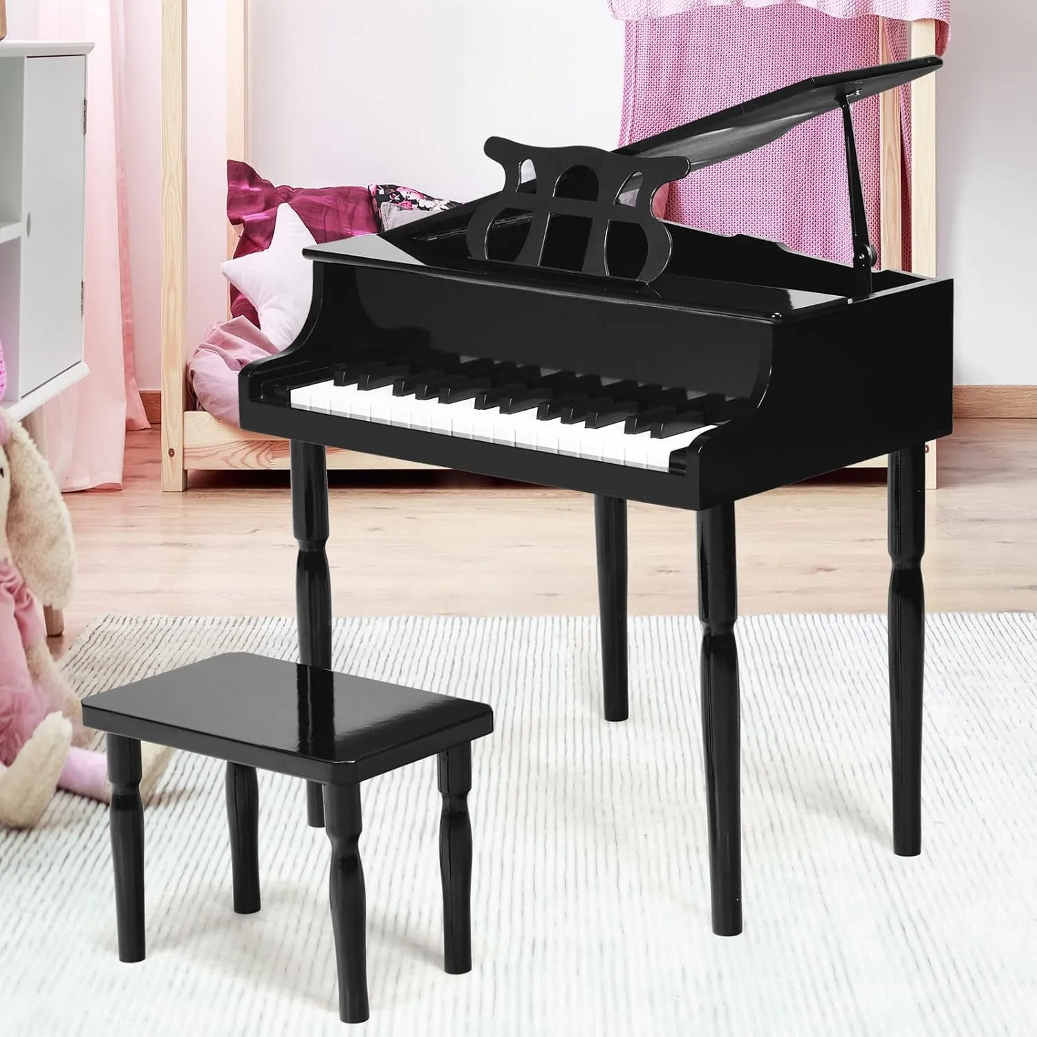 Goplus 30-Key Classical Kids Piano, Mini Grand Piano Wooden Learn-to-Play Musical Instrument Toy with Bench, Piano Lid, Music Rack, Gift for Boys Girls Aged 2  Baby Toddler (4 Straight Leg-Black)