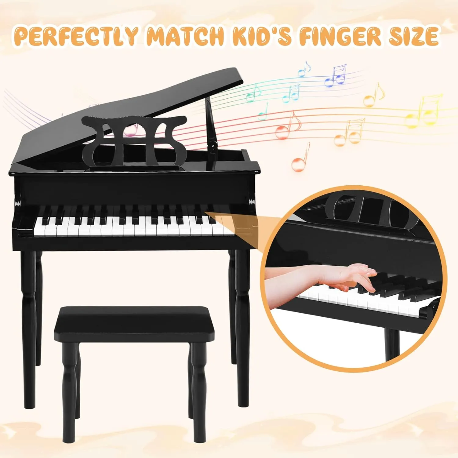Goplus 30-Key Classical Kids Piano, Mini Grand Piano Wooden Learn-to-Play Musical Instrument Toy with Bench, Piano Lid, Music Rack, Gift for Boys Girls Aged 2  Baby Toddler (4 Straight Leg-Black)