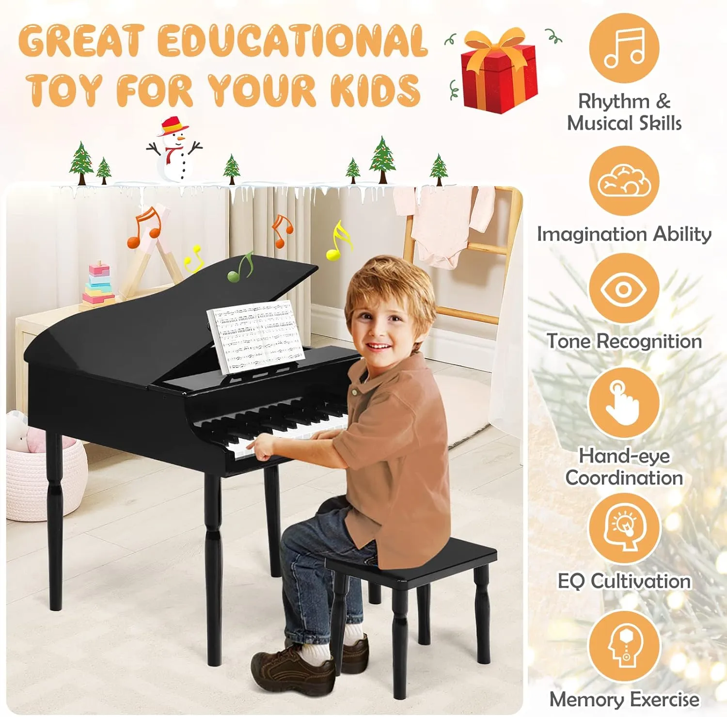 Goplus 30-Key Classical Kids Piano, Mini Grand Piano Wooden Learn-to-Play Musical Instrument Toy with Bench, Piano Lid, Music Rack, Gift for Boys Girls Aged 2  Baby Toddler (4 Straight Leg-Black)