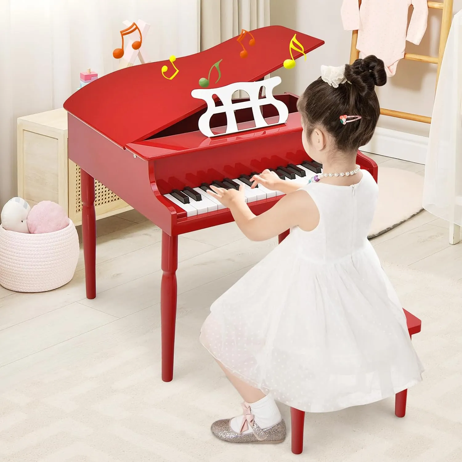 Goplus 30-Key Classical Kids Piano, Mini Grand Piano Wooden Learn-to-Play Musical Instrument Toy with Bench, Piano Lid, Music Rack, Gift for Boys Girls Aged 2  Baby Toddler (4 Straight Leg-Red)