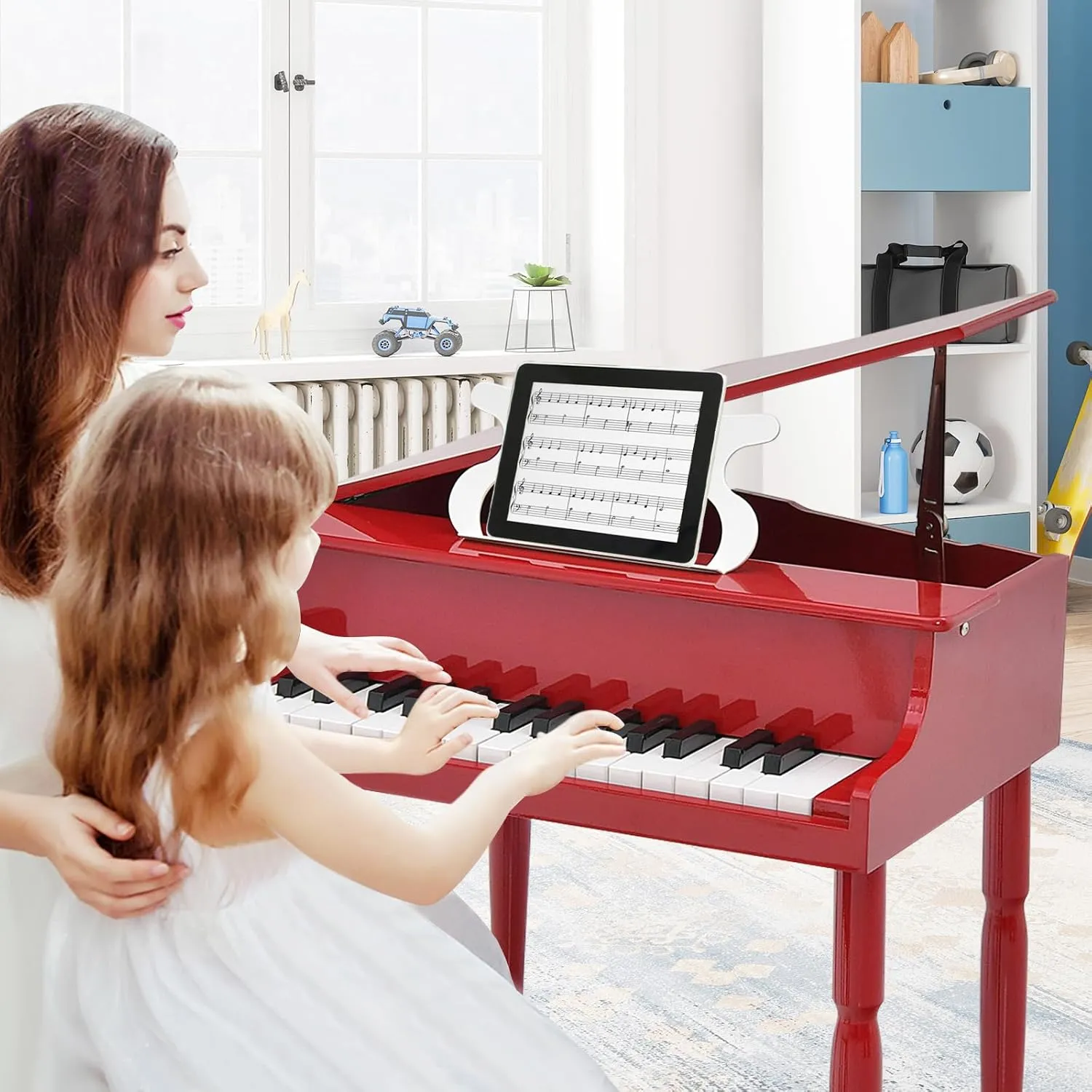 Goplus 30-Key Classical Kids Piano, Mini Grand Piano Wooden Learn-to-Play Musical Instrument Toy with Bench, Piano Lid, Music Rack, Gift for Boys Girls Aged 2  Baby Toddler (4 Straight Leg-Red)