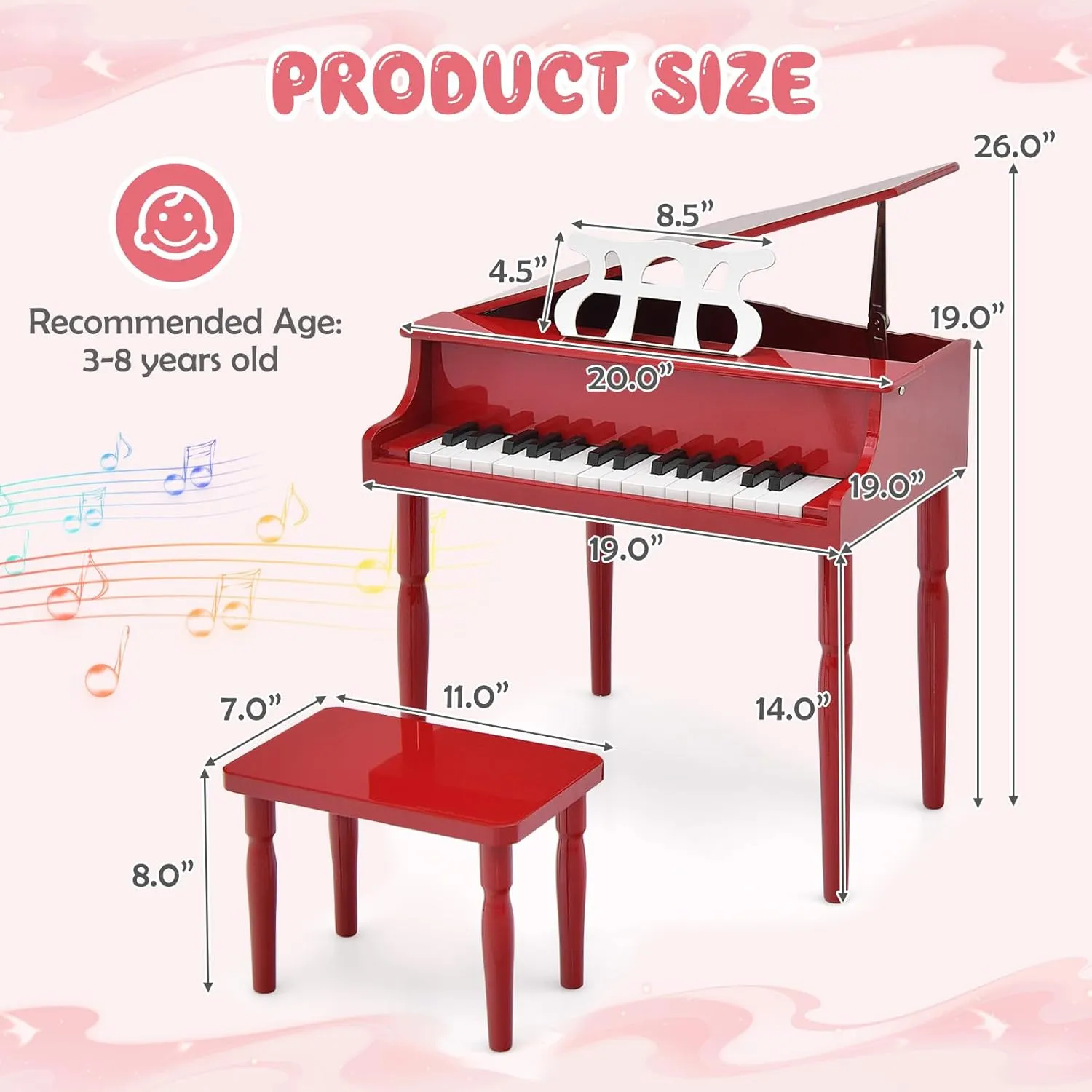 Goplus 30-Key Classical Kids Piano, Mini Grand Piano Wooden Learn-to-Play Musical Instrument Toy with Bench, Piano Lid, Music Rack, Gift for Boys Girls Aged 2  Baby Toddler (4 Straight Leg-Red)