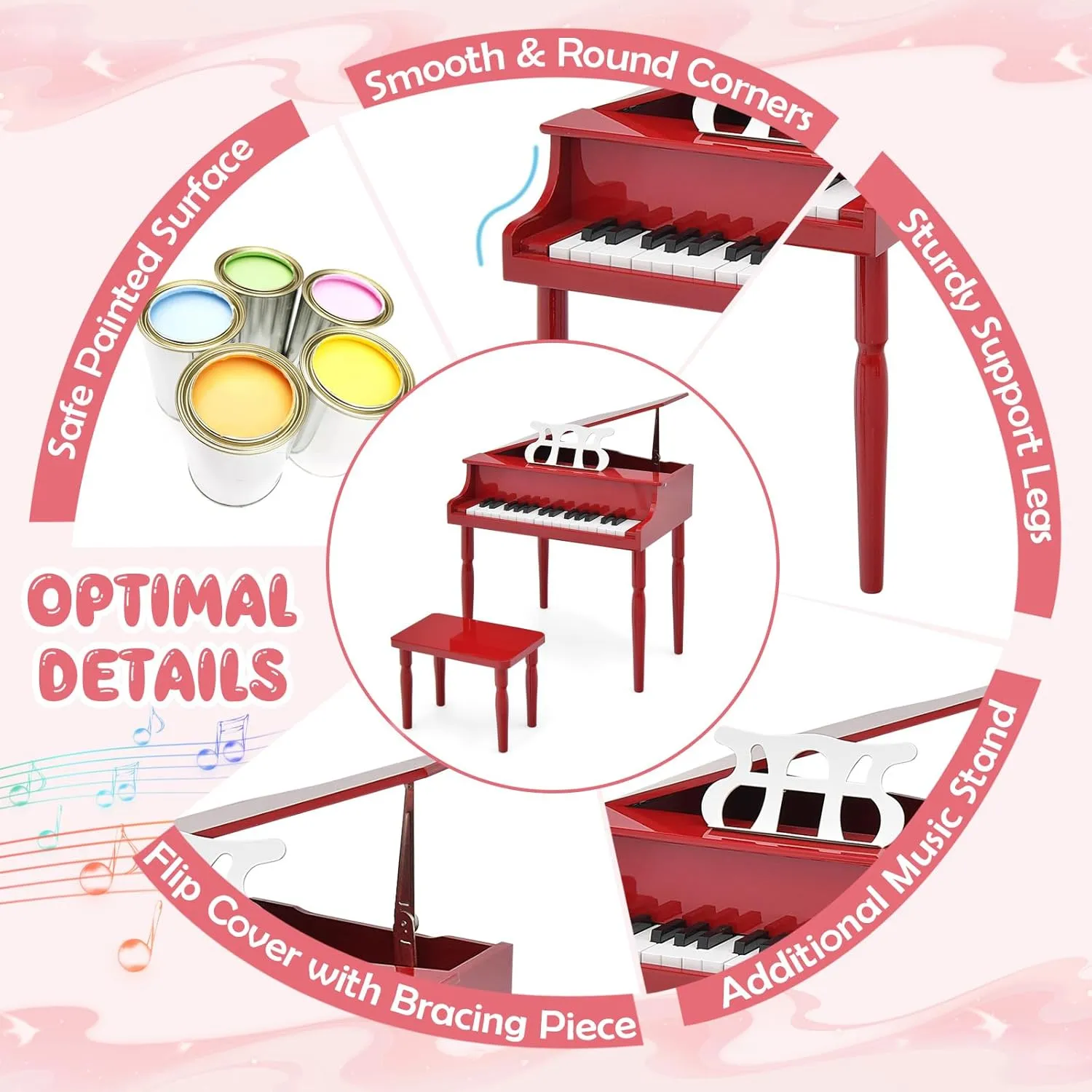 Goplus 30-Key Classical Kids Piano, Mini Grand Piano Wooden Learn-to-Play Musical Instrument Toy with Bench, Piano Lid, Music Rack, Gift for Boys Girls Aged 2  Baby Toddler (4 Straight Leg-Red)