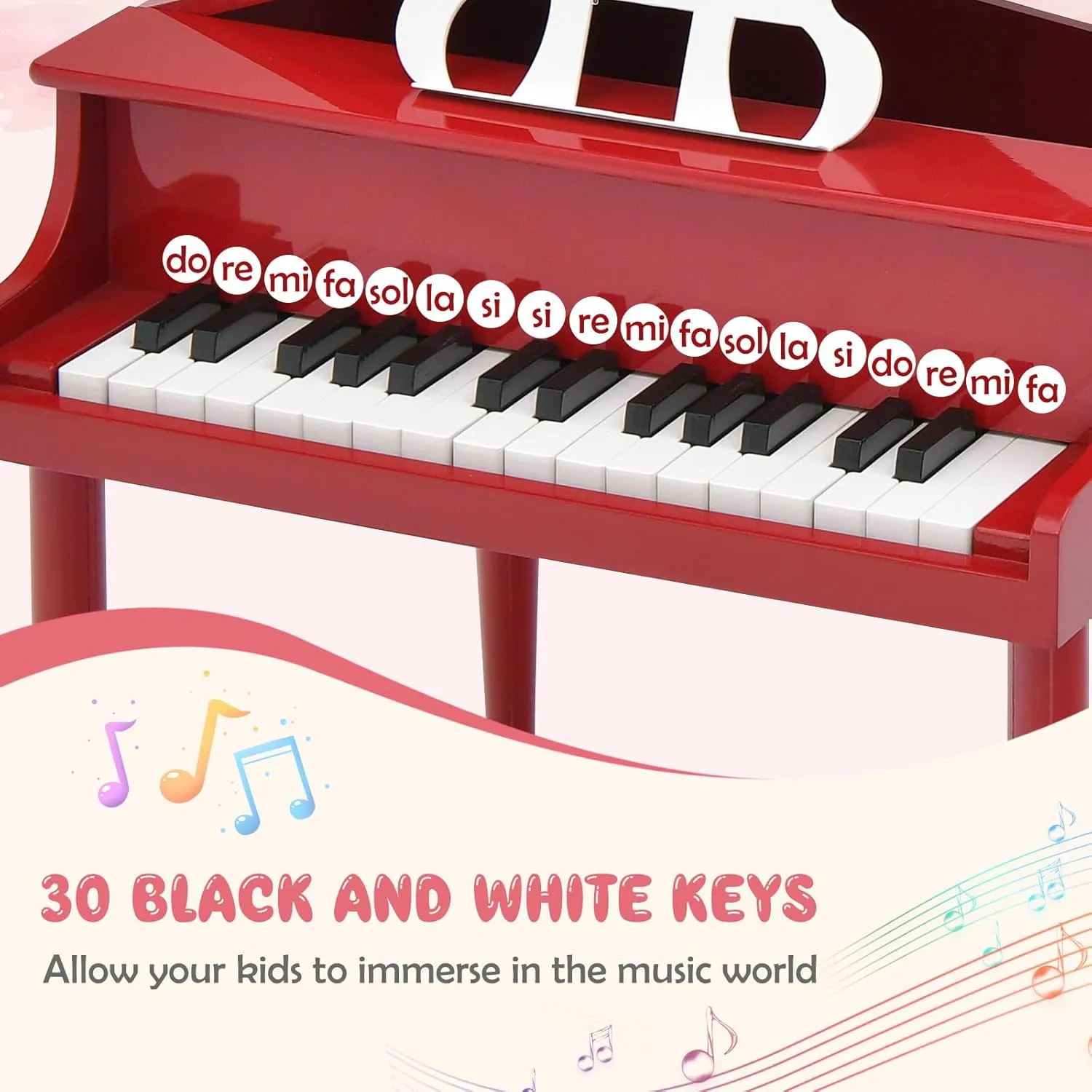 Goplus 30-Key Classical Kids Piano, Mini Grand Piano Wooden Learn-to-Play Musical Instrument Toy with Bench, Piano Lid, Music Rack, Gift for Boys Girls Aged 2  Baby Toddler (4 Straight Leg-Red)