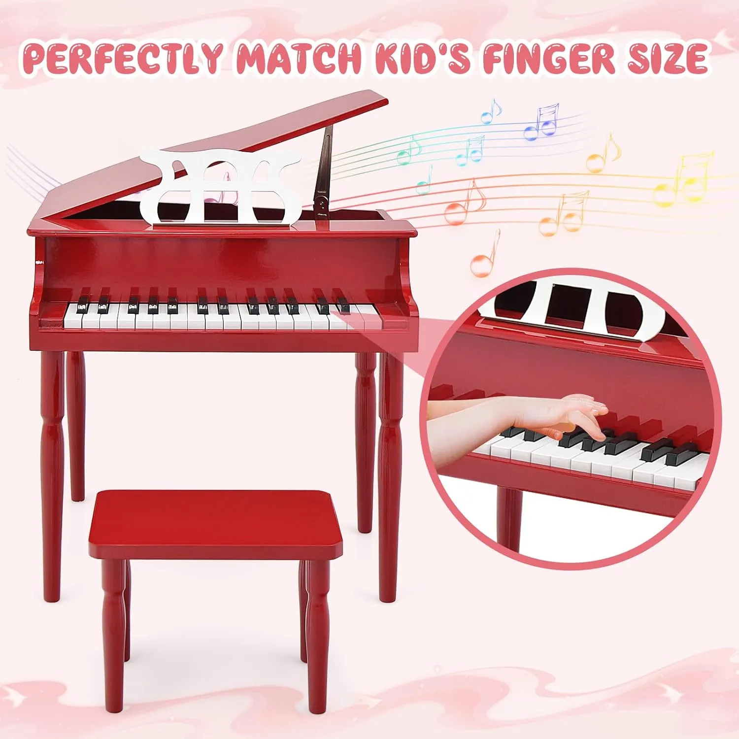 Goplus 30-Key Classical Kids Piano, Mini Grand Piano Wooden Learn-to-Play Musical Instrument Toy with Bench, Piano Lid, Music Rack, Gift for Boys Girls Aged 2  Baby Toddler (4 Straight Leg-Red)