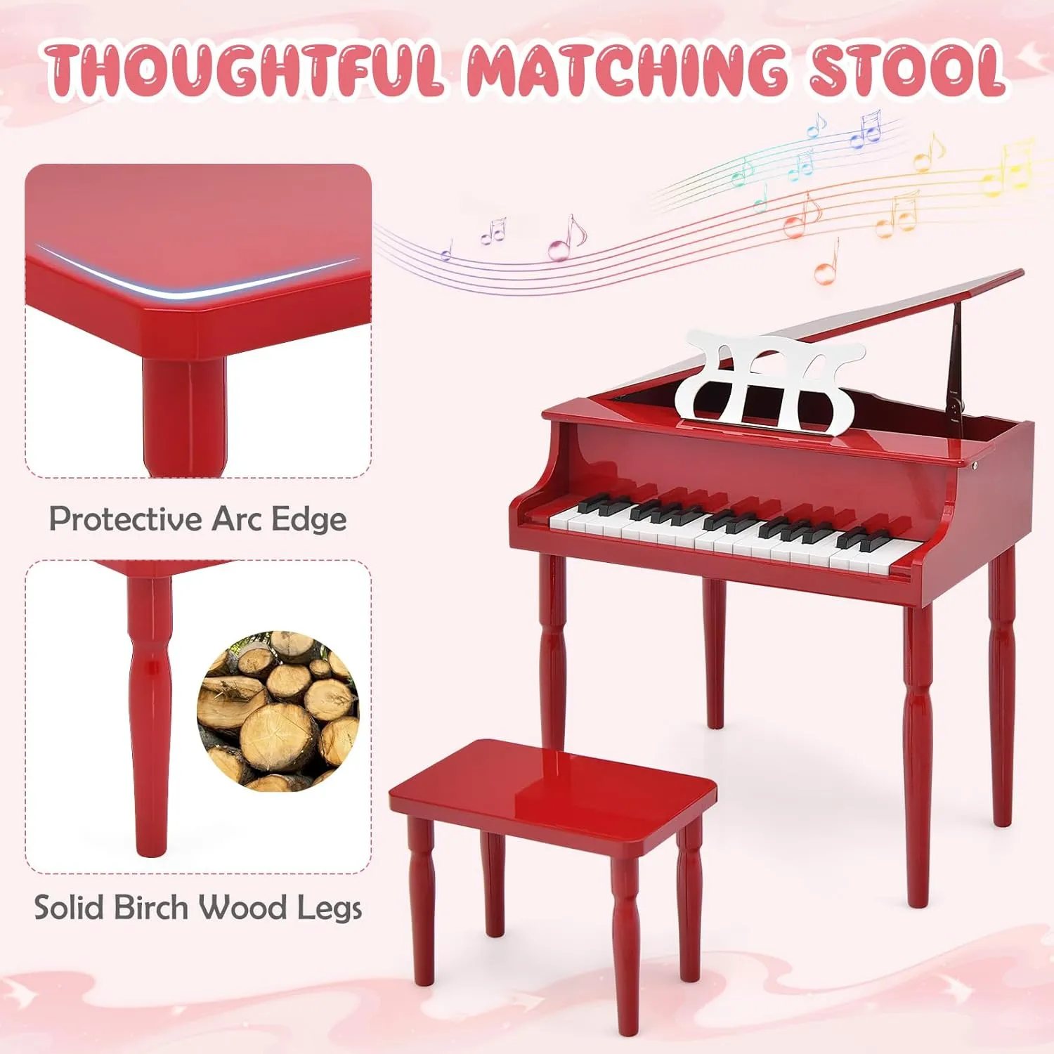Goplus 30-Key Classical Kids Piano, Mini Grand Piano Wooden Learn-to-Play Musical Instrument Toy with Bench, Piano Lid, Music Rack, Gift for Boys Girls Aged 2  Baby Toddler (4 Straight Leg-Red)