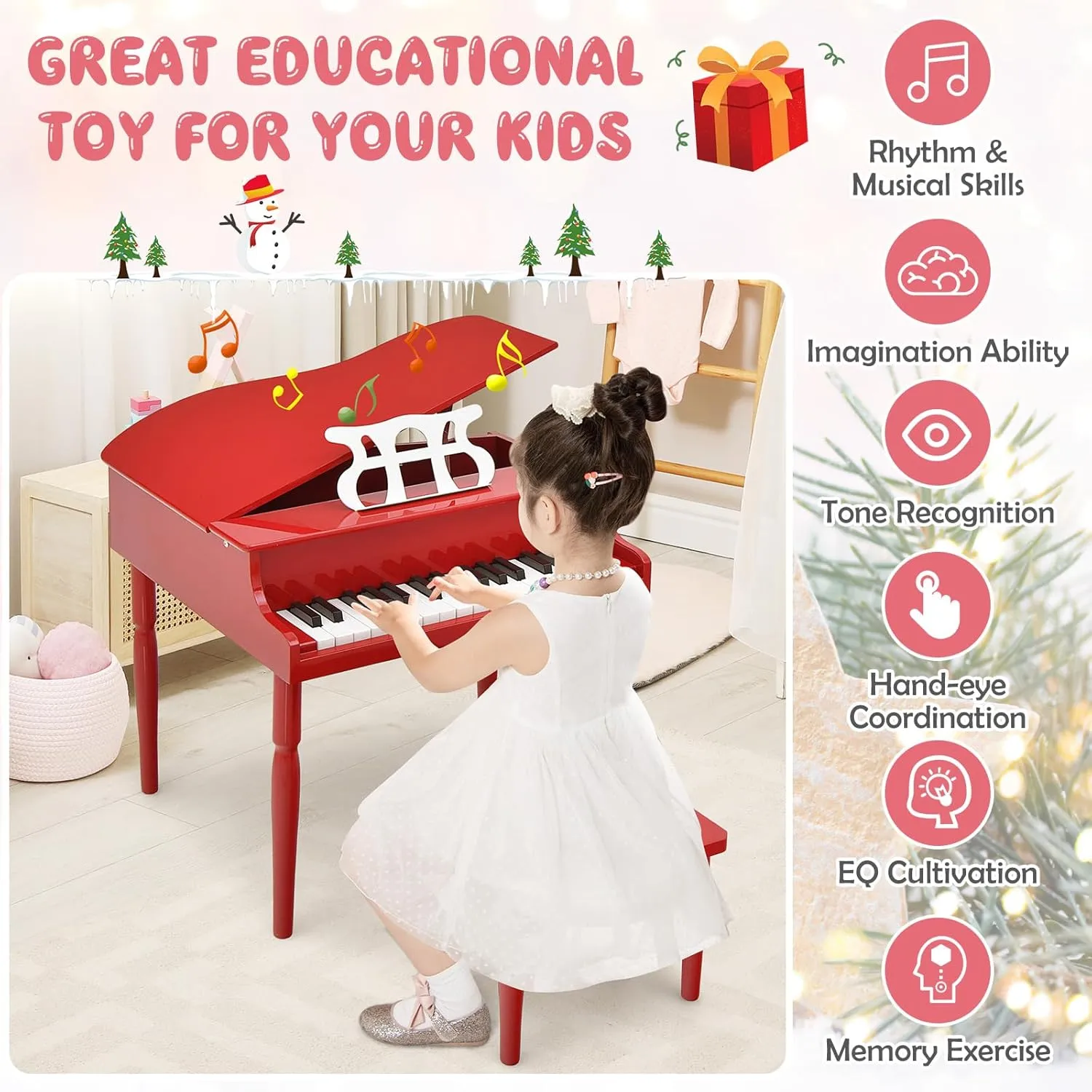 Goplus 30-Key Classical Kids Piano, Mini Grand Piano Wooden Learn-to-Play Musical Instrument Toy with Bench, Piano Lid, Music Rack, Gift for Boys Girls Aged 2  Baby Toddler (4 Straight Leg-Red)