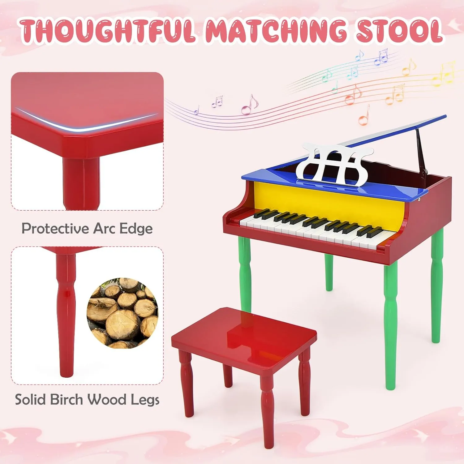 Goplus 30-Key Classical Kids Piano, Mini Grand Piano Wooden Learn-to-Play Musical Instrument Toy with Bench, Piano Lid, Music Rack, Gift for Boys Girls Aged 3  Baby Toddler (4 Straight Leg-Colorful)