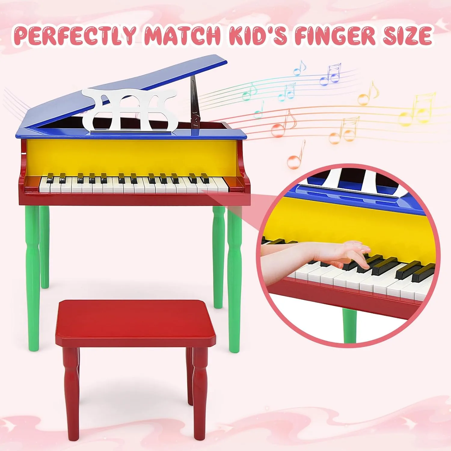 Goplus 30-Key Classical Kids Piano, Mini Grand Piano Wooden Learn-to-Play Musical Instrument Toy with Bench, Piano Lid, Music Rack, Gift for Boys Girls Aged 3  Baby Toddler (4 Straight Leg-Colorful)