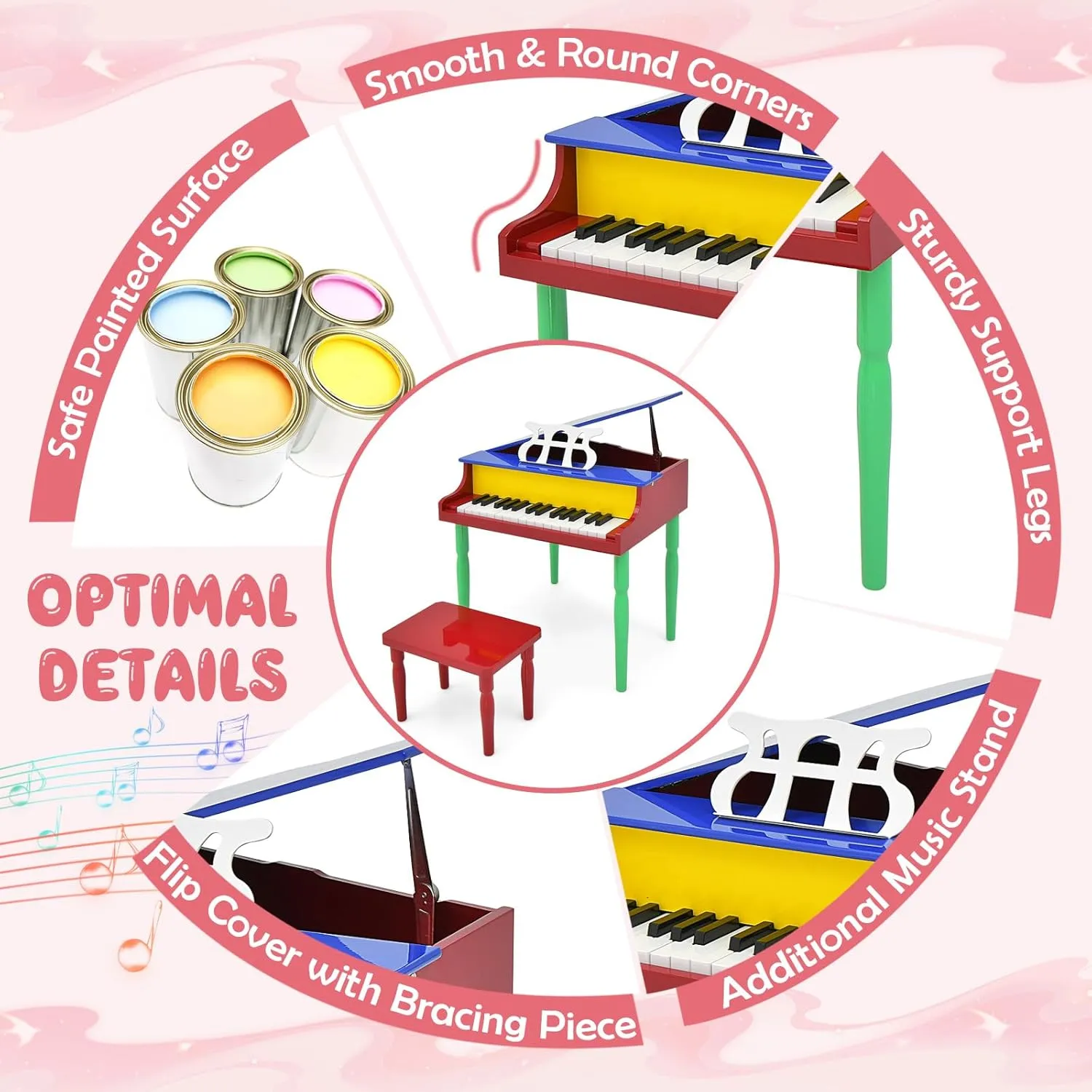 Goplus 30-Key Classical Kids Piano, Mini Grand Piano Wooden Learn-to-Play Musical Instrument Toy with Bench, Piano Lid, Music Rack, Gift for Boys Girls Aged 3  Baby Toddler (4 Straight Leg-Colorful)