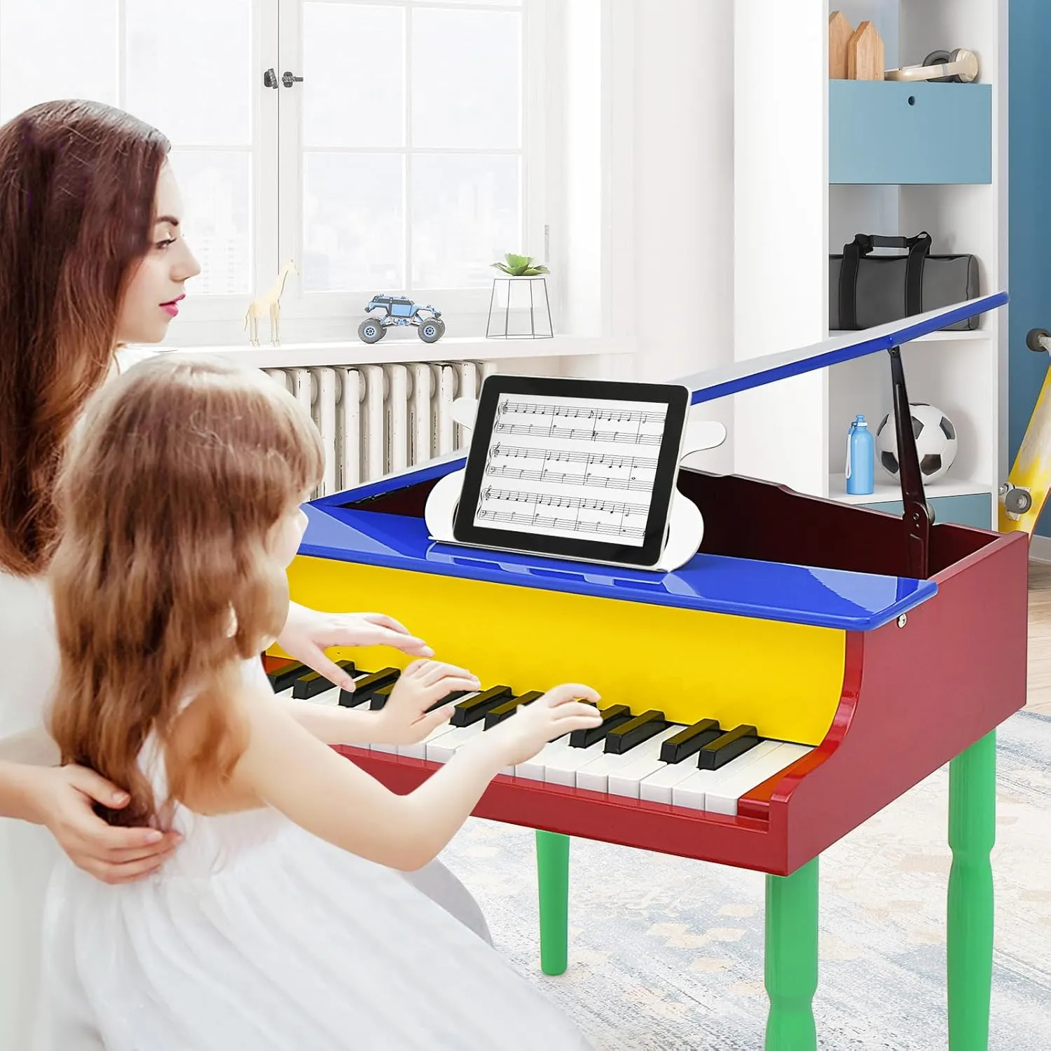 Goplus 30-Key Classical Kids Piano, Mini Grand Piano Wooden Learn-to-Play Musical Instrument Toy with Bench, Piano Lid, Music Rack, Gift for Boys Girls Aged 3  Baby Toddler (4 Straight Leg-Colorful)