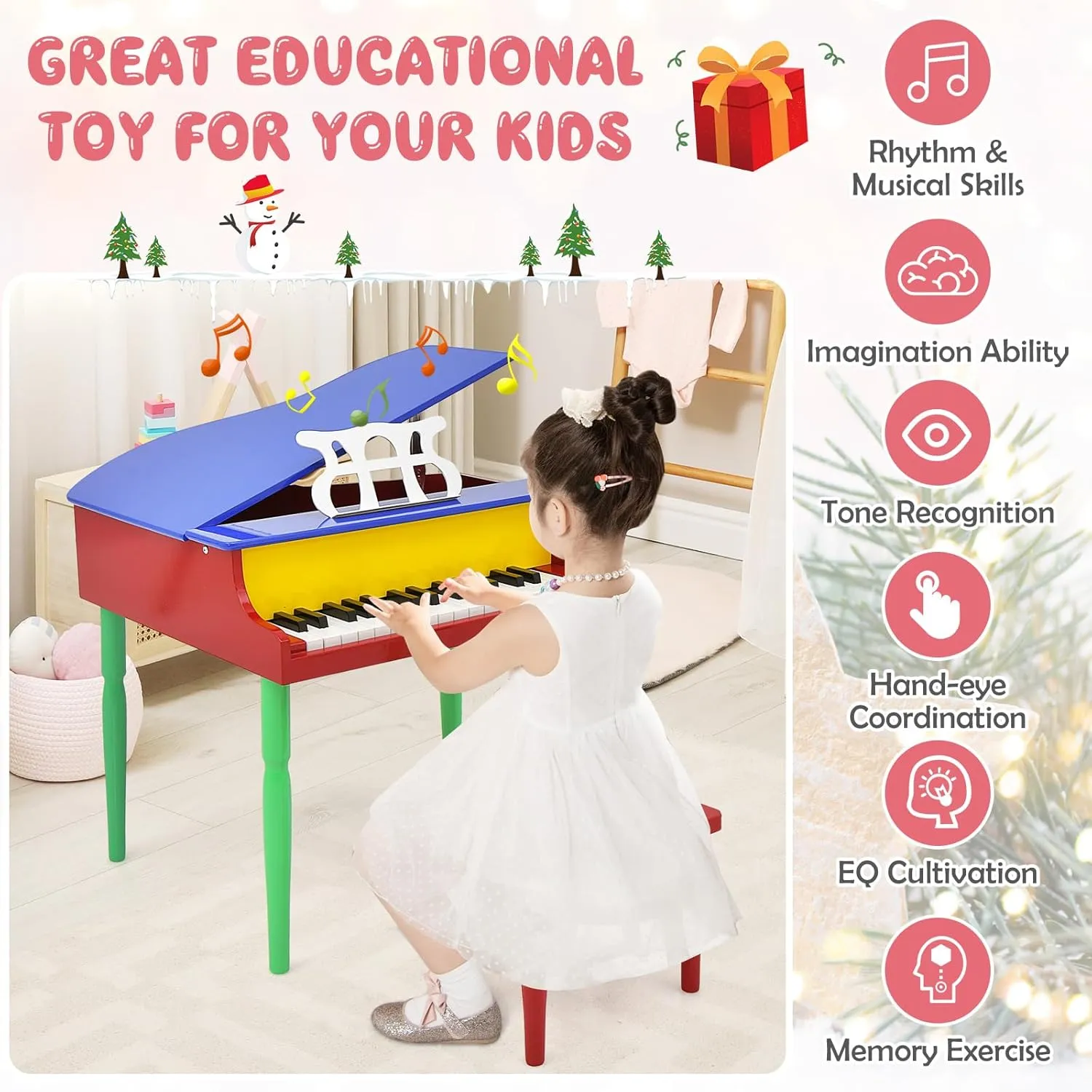 Goplus 30-Key Classical Kids Piano, Mini Grand Piano Wooden Learn-to-Play Musical Instrument Toy with Bench, Piano Lid, Music Rack, Gift for Boys Girls Aged 3  Baby Toddler (4 Straight Leg-Colorful)