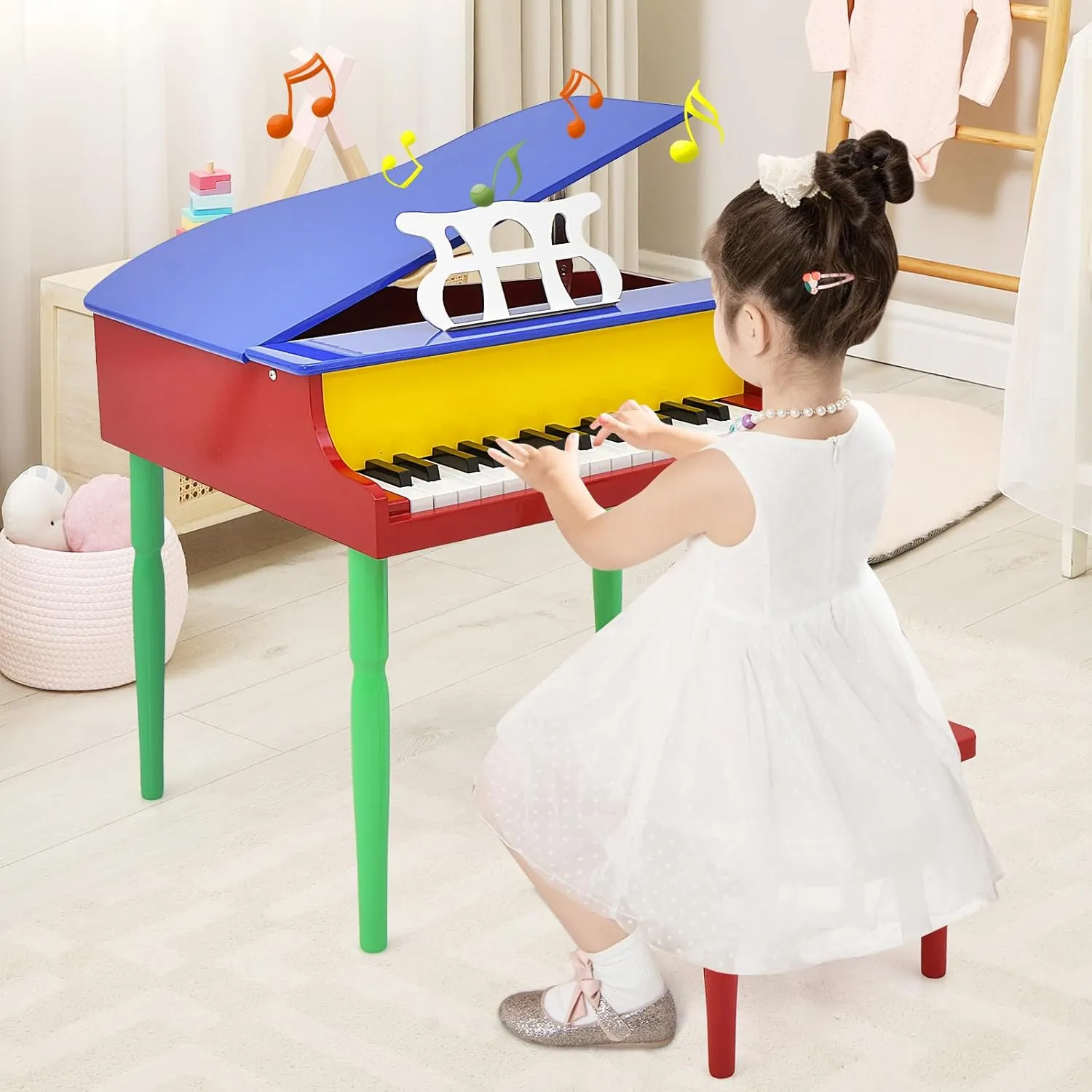 Goplus 30-Key Classical Kids Piano, Mini Grand Piano Wooden Learn-to-Play Musical Instrument Toy with Bench, Piano Lid, Music Rack, Gift for Boys Girls Aged 3  Baby Toddler (4 Straight Leg-Colorful)