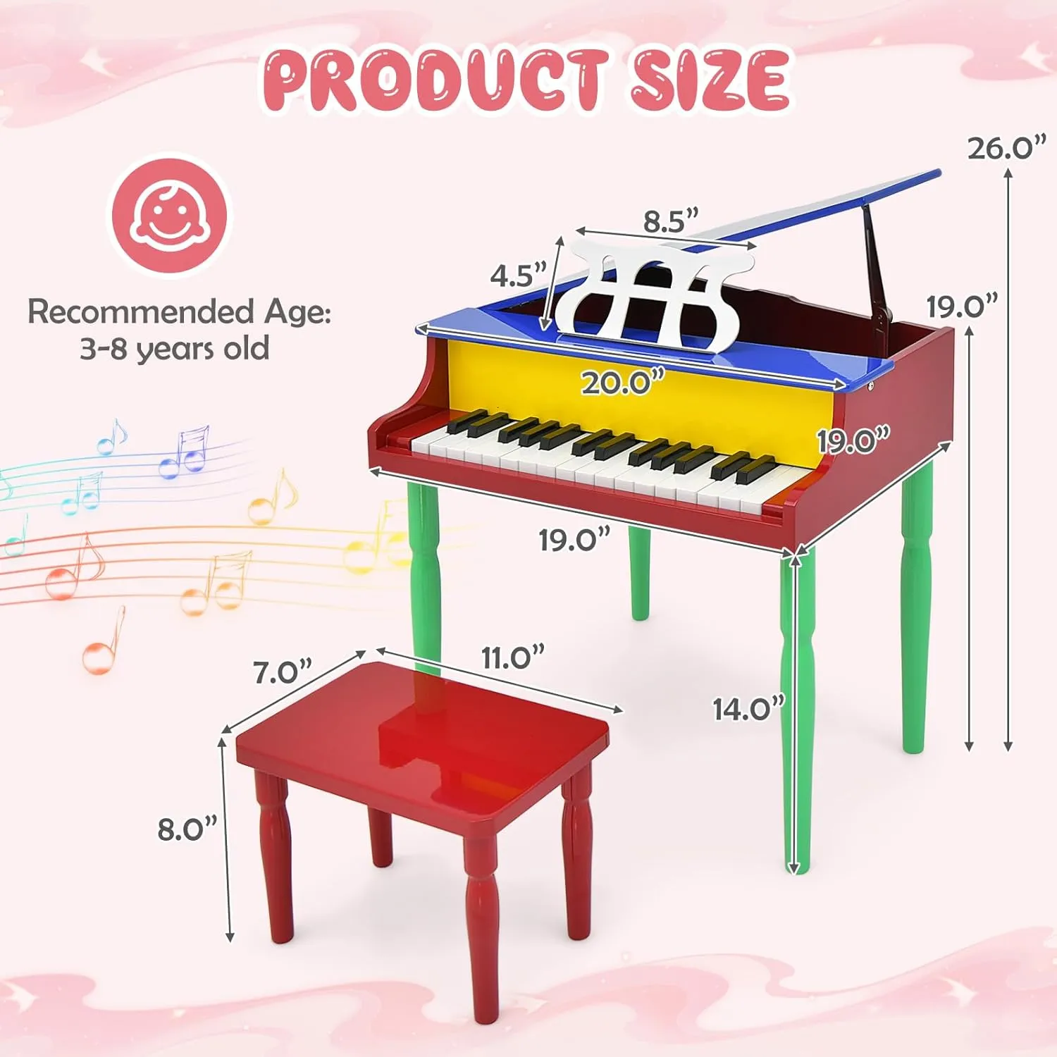 Goplus 30-Key Classical Kids Piano, Mini Grand Piano Wooden Learn-to-Play Musical Instrument Toy with Bench, Piano Lid, Music Rack, Gift for Boys Girls Aged 3  Baby Toddler (4 Straight Leg-Colorful)