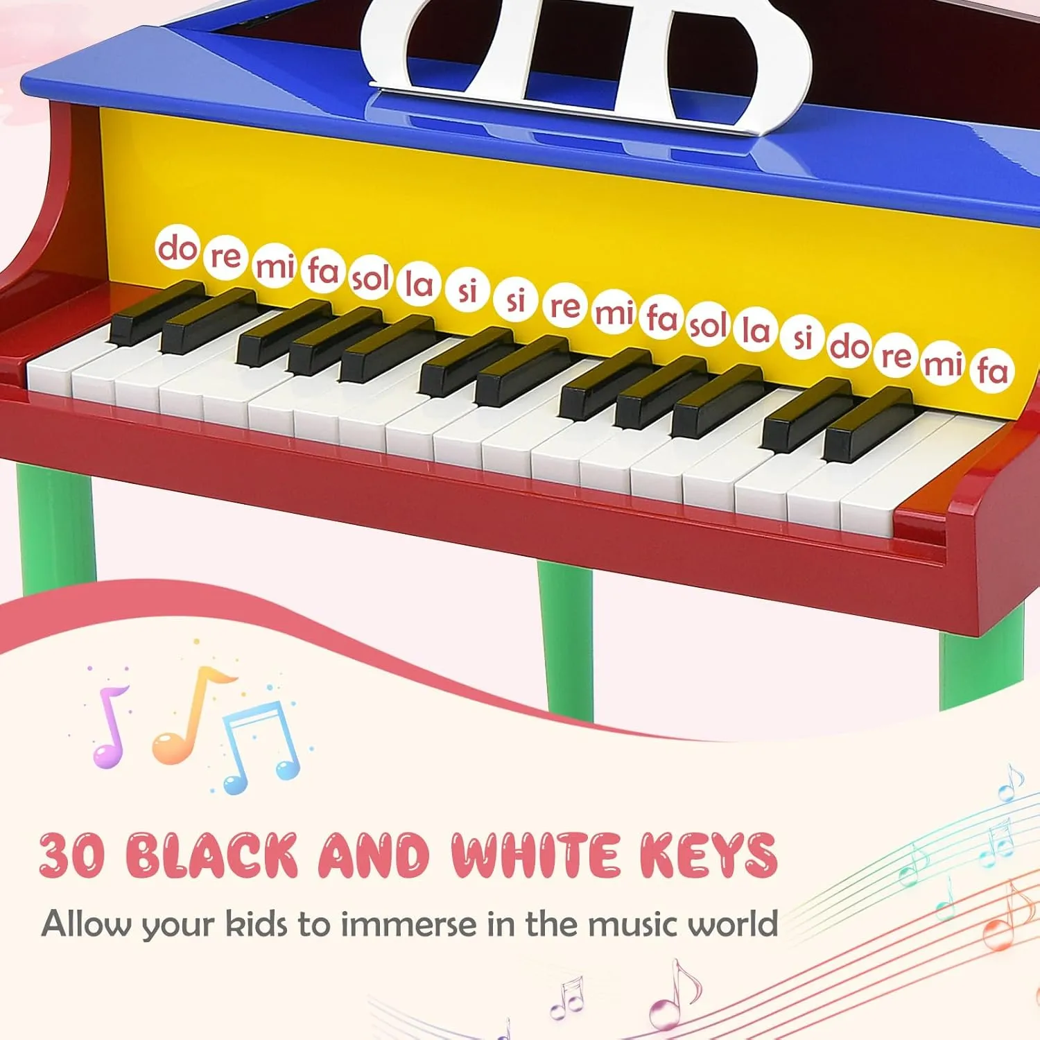 Goplus 30-Key Classical Kids Piano, Mini Grand Piano Wooden Learn-to-Play Musical Instrument Toy with Bench, Piano Lid, Music Rack, Gift for Boys Girls Aged 3  Baby Toddler (4 Straight Leg-Colorful)