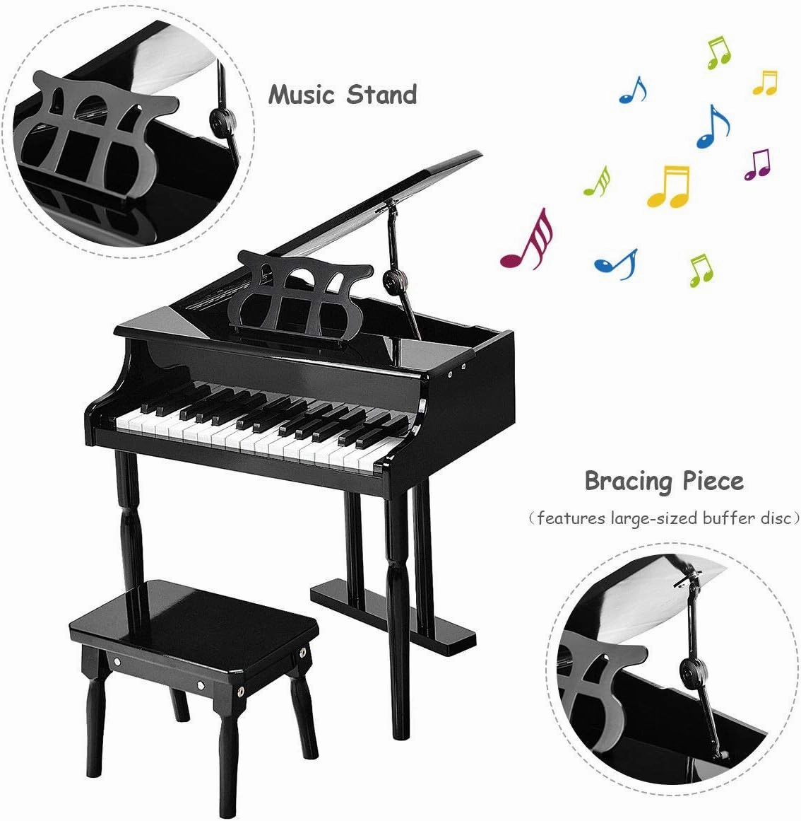 Goplus 30-Key Classical Kids Piano, Mini Grand Piano Wooden Learn-to-Play Musical Instrument Toy with Bench, Piano Lid, Music Rack, Gift for Boys Girls Aged 2  Baby Tollder(3 Straight Leg-Black)