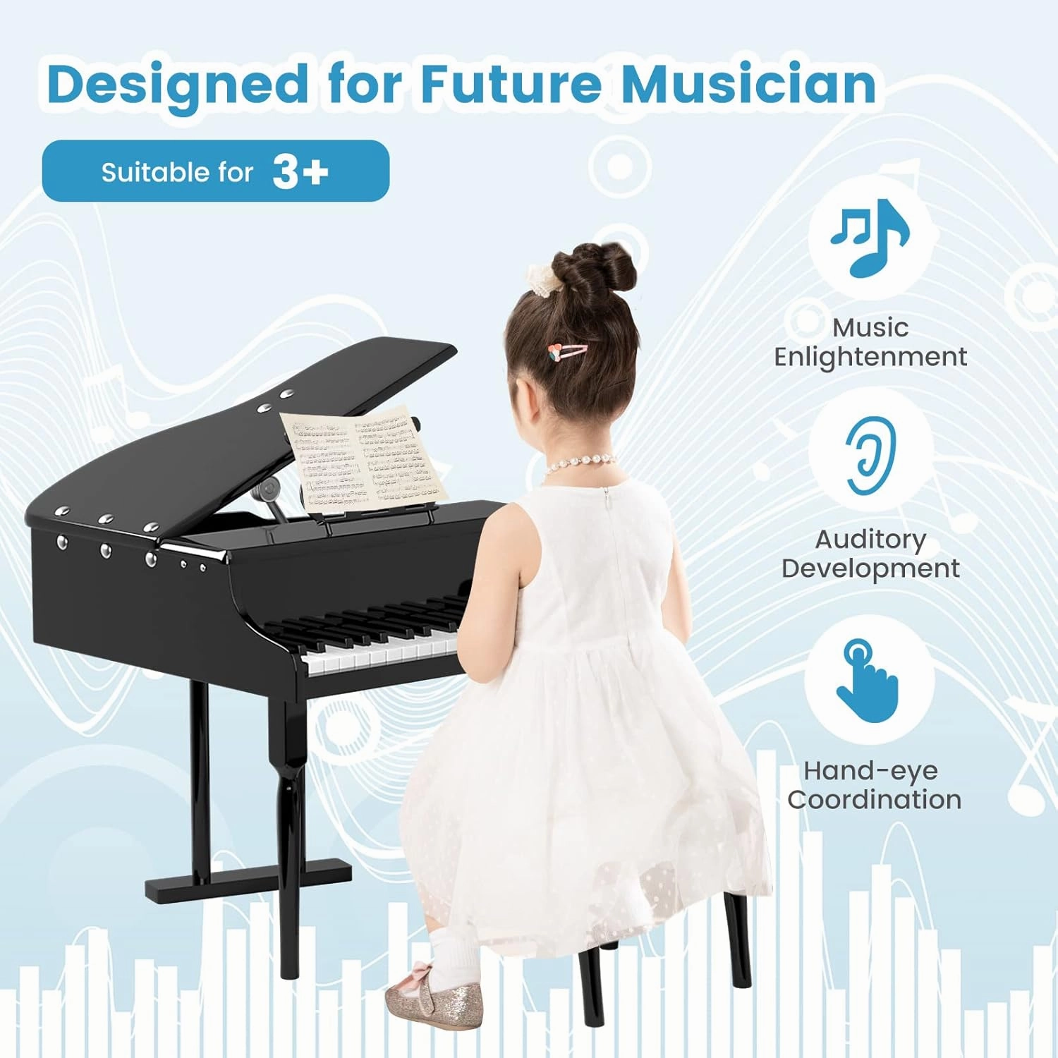 Goplus 30-Key Classical Kids Piano, Mini Grand Piano Wooden Learn-to-Play Musical Instrument Toy with Bench, Piano Lid, Music Rack, Gift for Boys Girls Aged 2  Baby Tollder(3 Straight Leg-Black)