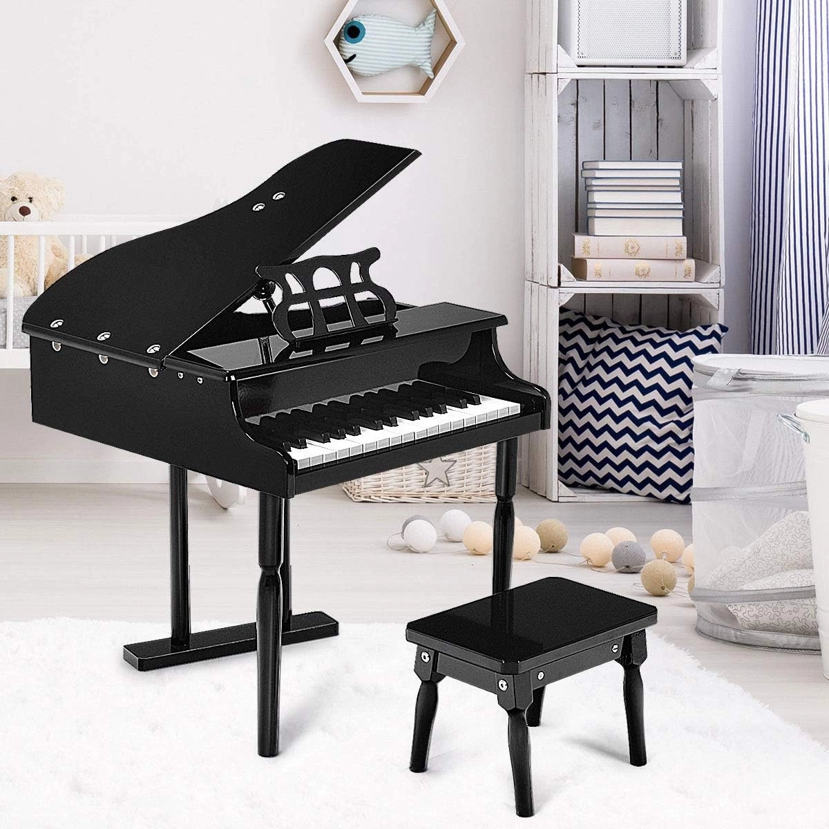 Goplus 30-Key Classical Kids Piano, Mini Grand Piano Wooden Learn-to-Play Musical Instrument Toy with Bench, Piano Lid, Music Rack, Gift for Boys Girls Aged 2  Baby Tollder(3 Straight Leg-Black)