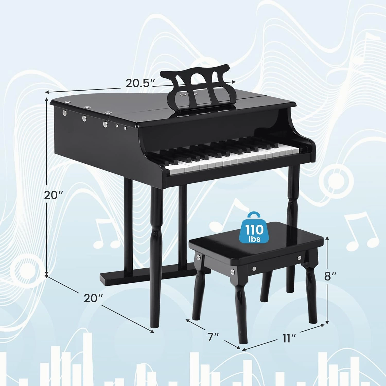 Goplus 30-Key Classical Kids Piano, Mini Grand Piano Wooden Learn-to-Play Musical Instrument Toy with Bench, Piano Lid, Music Rack, Gift for Boys Girls Aged 2  Baby Tollder(3 Straight Leg-Black)