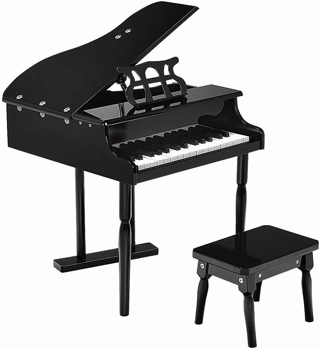 Goplus 30-Key Classical Kids Piano, Mini Grand Piano Wooden Learn-to-Play Musical Instrument Toy with Bench, Piano Lid, Music Rack, Gift for Boys Girls Aged 2  Baby Tollder(3 Straight Leg-Black)