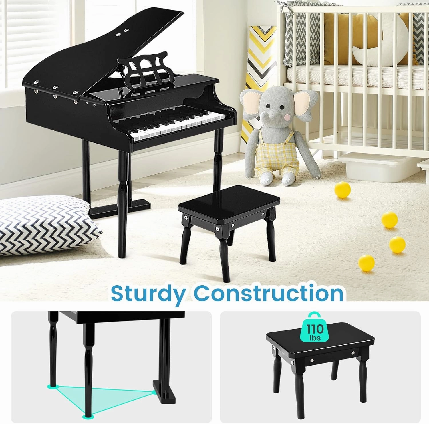 Goplus 30-Key Classical Kids Piano, Mini Grand Piano Wooden Learn-to-Play Musical Instrument Toy with Bench, Piano Lid, Music Rack, Gift for Boys Girls Aged 2  Baby Tollder(3 Straight Leg-Black)