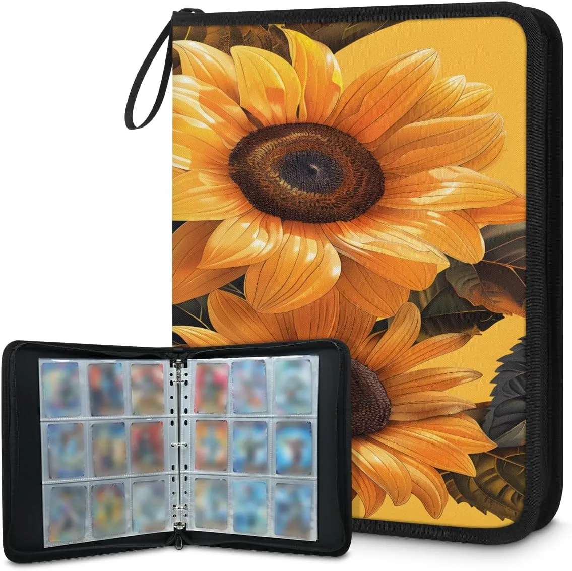 Graceful Sunflowers 3 Ring Trading Zipper Binder Strap, Trading Card Binder 4 Pocket, 400 Pockets Card Holder with 50 Removable Sleeves for Game Cards