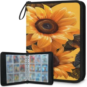 Graceful Sunflowers 3 Ring Trading Zipper Binder Strap, Trading Card Binder 4 Pocket, 400 Pockets Card Holder with 50 Removable Sleeves for Game Cards