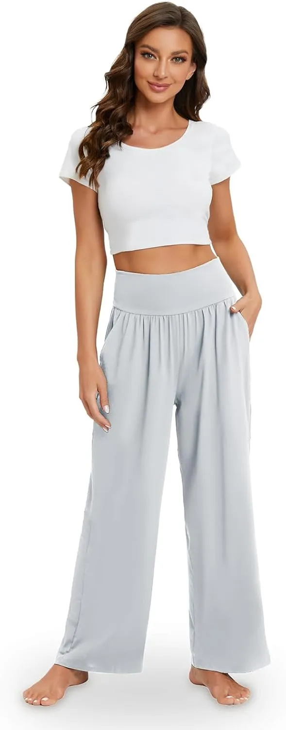 Gracyoga Wide Leg Yoga Pants for Women Casual Loose Cozy Sweatpants High Waisted Lounge Pajama Flowy Pants With Pockets