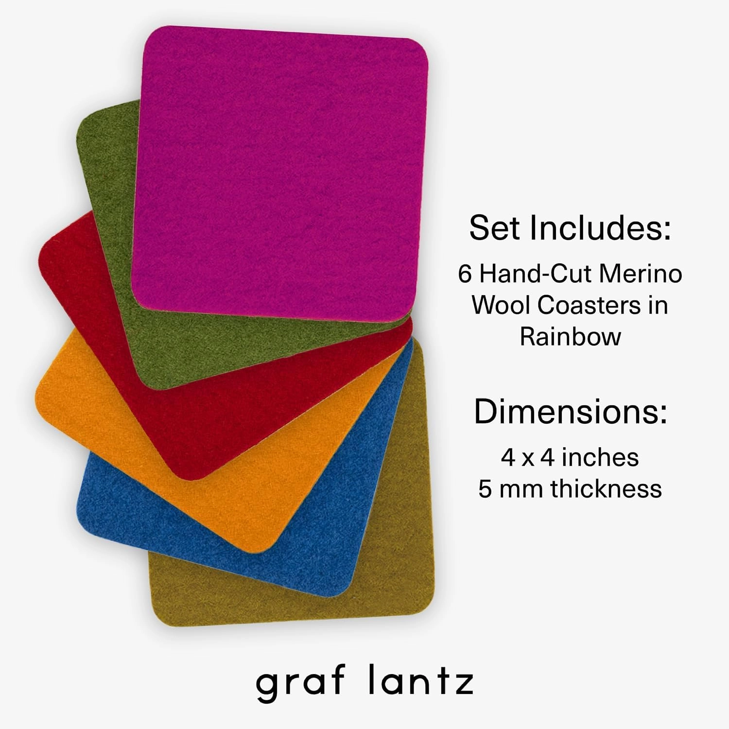 Graf Lantz - Bierfilzl Felt Coasters - Square - 100% Merino Wool - Moisture Wicking - Heat Resistant - Sustainable - Absorbs - Home Decor - Housewarming Gift - 6 Coaster Set - 4" x 4" x 5 mm - Rainbow
