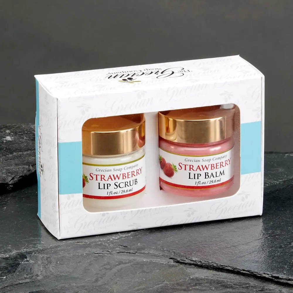 Grecian Ultimate Lip Care Gift Set Strawberry Flavor - All-Natural Handmade Lip Scrub Exfoliator & Lip Balm for Dark Lips, 4 Flavors, Lip Lightening & Hydration, Soft and Plump 2oz