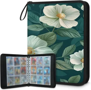 Green Flowers 3 Ring Trading Zipper Binder Strap, Trading Card Binder 4 Pocket, 400 Pockets Card Holder with 50 Removable Sleeves for Game Cards