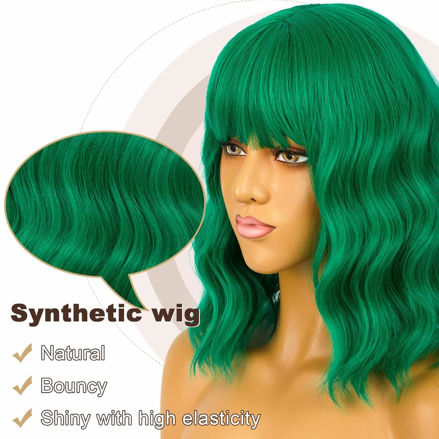 Green Wig for Women Short Bob Wigs with Bangs Natural Synthetic Green Wig Shoulder Length Colorful Wigs for Daily PartyUse(12inch,Green)
