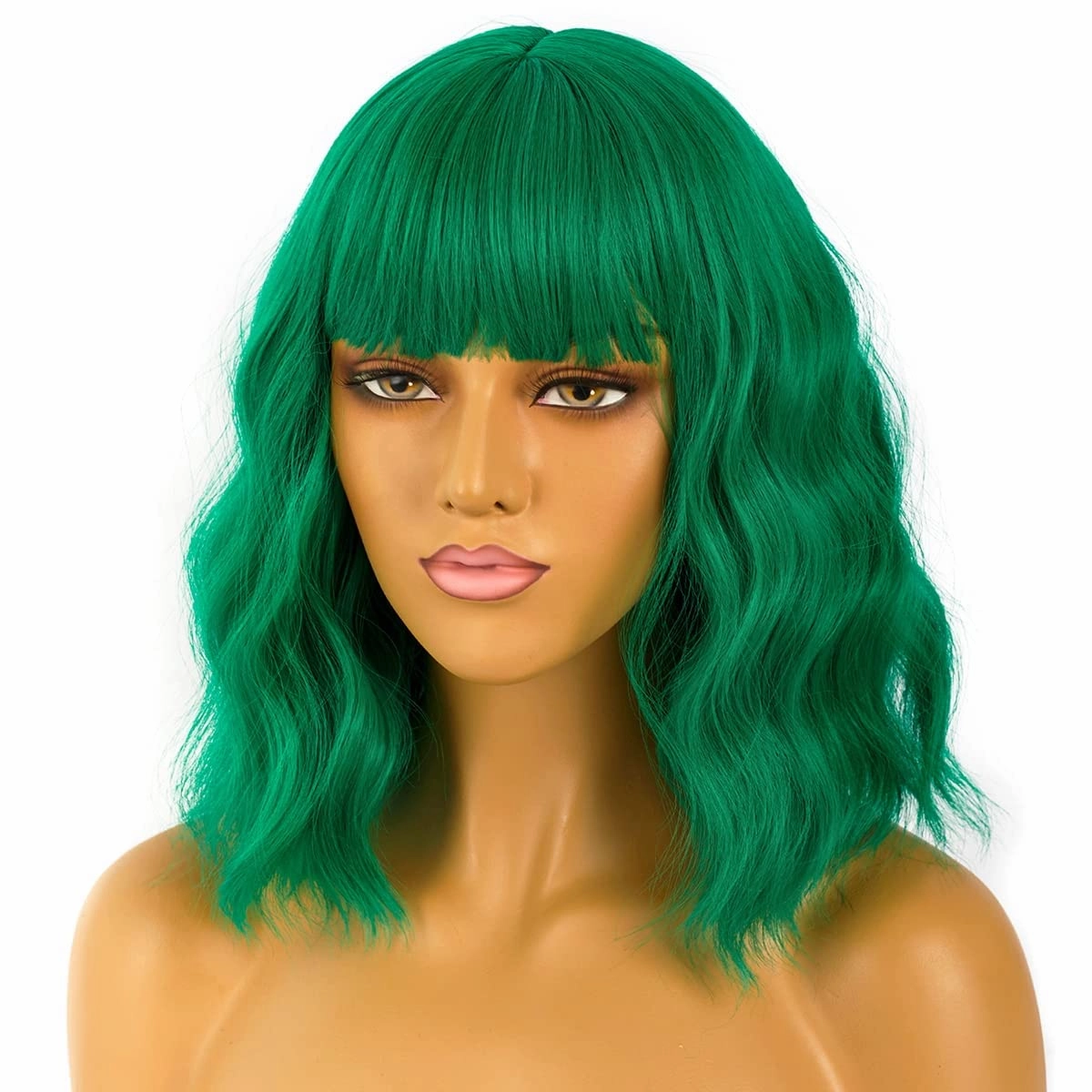 Green Wig for Women Short Bob Wigs with Bangs Natural Synthetic Green Wig Shoulder Length Colorful Wigs for Daily PartyUse(12inch,Green)