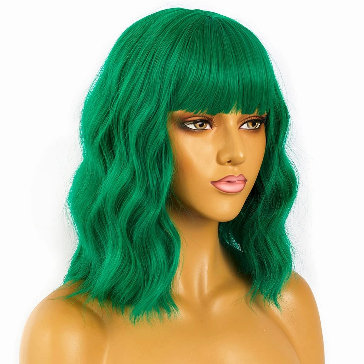 Green Wig for Women Short Bob Wigs with Bangs Natural Synthetic Green Wig Shoulder Length Colorful Wigs for Daily PartyUse(12inch,Green)