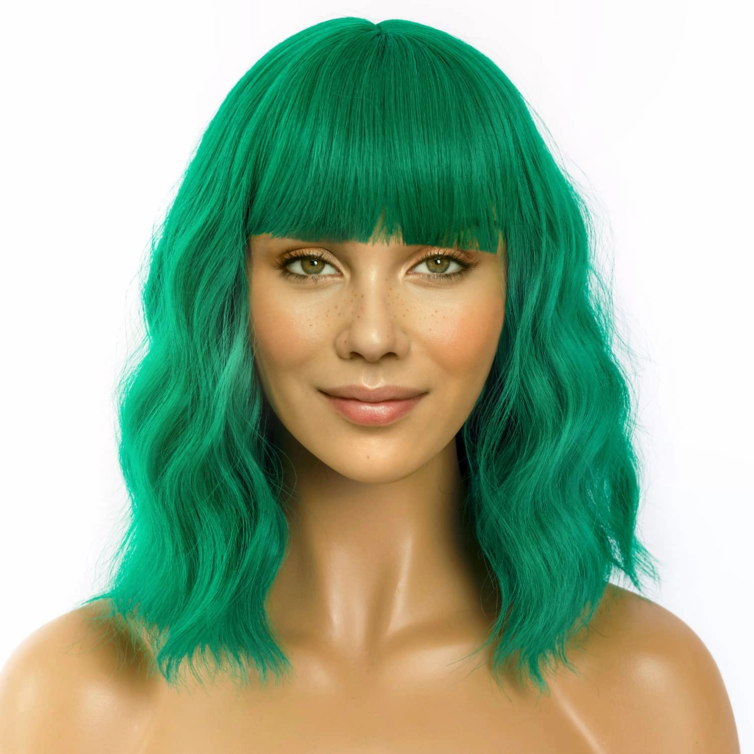 Green Wig for Women Short Bob Wigs with Bangs Natural Synthetic Green Wig Shoulder Length Colorful Wigs for Daily PartyUse(12inch,Green)