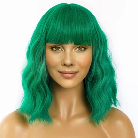 Green Wig for Women Short Bob Wigs with Bangs Natural Synthetic Green Wig Shoulder Length Colorful Wigs for Daily PartyUse(12inch,Green)