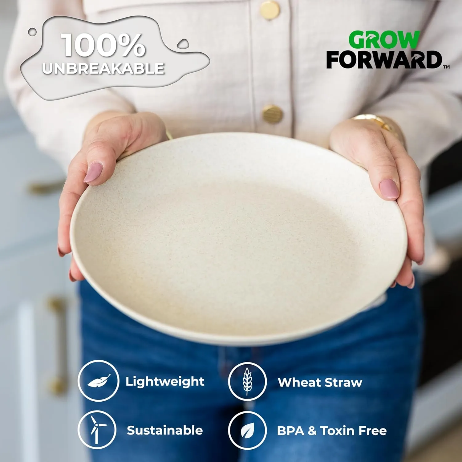Grow Forward Premium Wheat Straw Plates - 9 Inch Reusable Hard Plastic Dinner Plates Set of 8 - Unbreakable Microwave Safe Plates for Dessert, Camping, RV, Outdoors, Patio, Kitchen Dishes - Sahara
