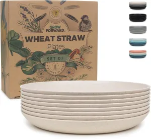 Grow Forward Premium Wheat Straw Plates - 9 Inch Reusable Hard Plastic Dinner Plates Set of 8 - Unbreakable Microwave Safe Plates for Dessert, Camping, RV, Outdoors, Patio, Kitchen Dishes - Sahara