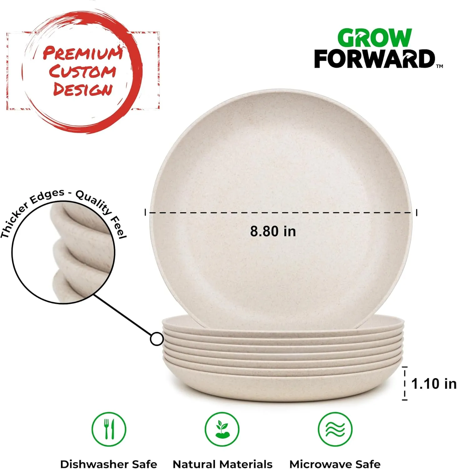 Grow Forward Premium Wheat Straw Plates - 9 Inch Reusable Hard Plastic Dinner Plates Set of 8 - Unbreakable Microwave Safe Plates for Dessert, Camping, RV, Outdoors, Patio, Kitchen Dishes - Sahara