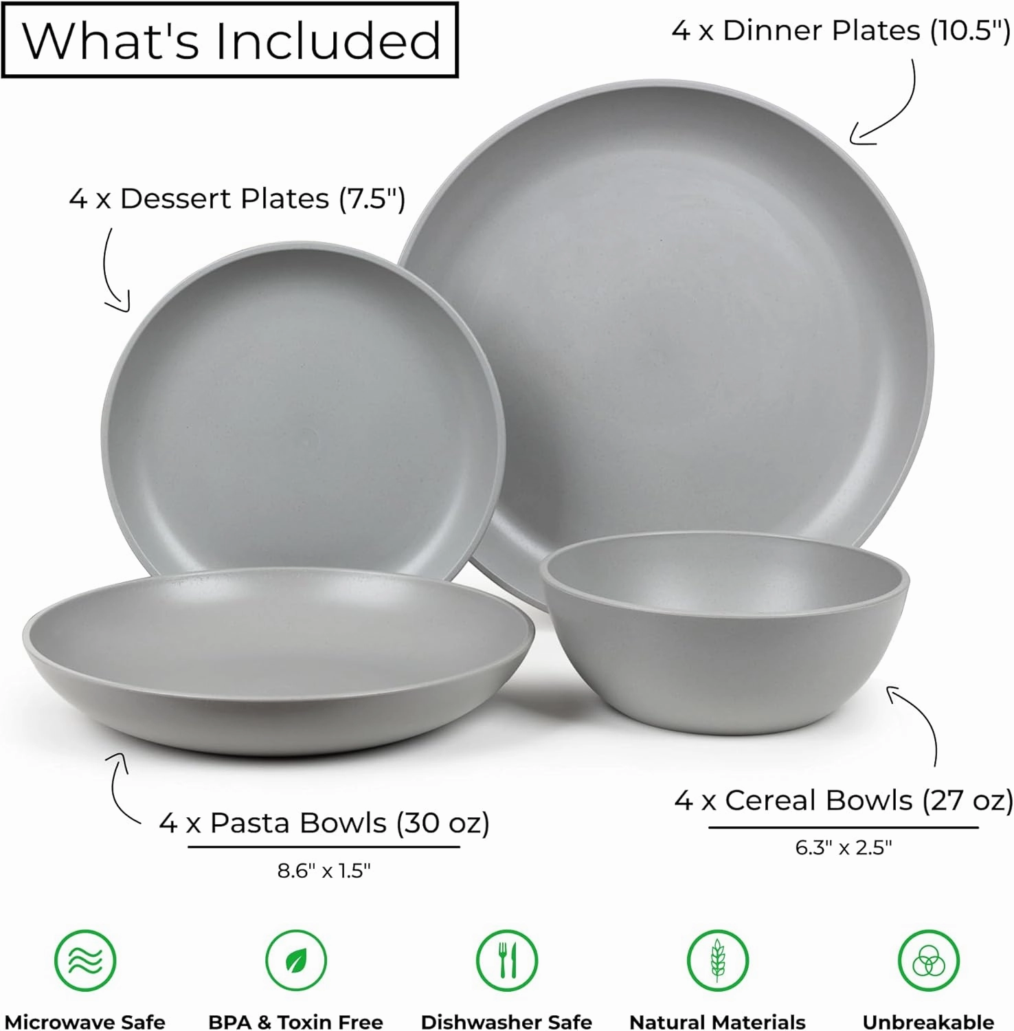 Grow Forward 16-piece Premium Wheat Straw Dinnerware Sets for 4 - Unbreakable Dishwasher & Microwave Safe Plastic Plates and Bowls Sets - Patio, Outdoors, RV, Camping Dishes - Feather
