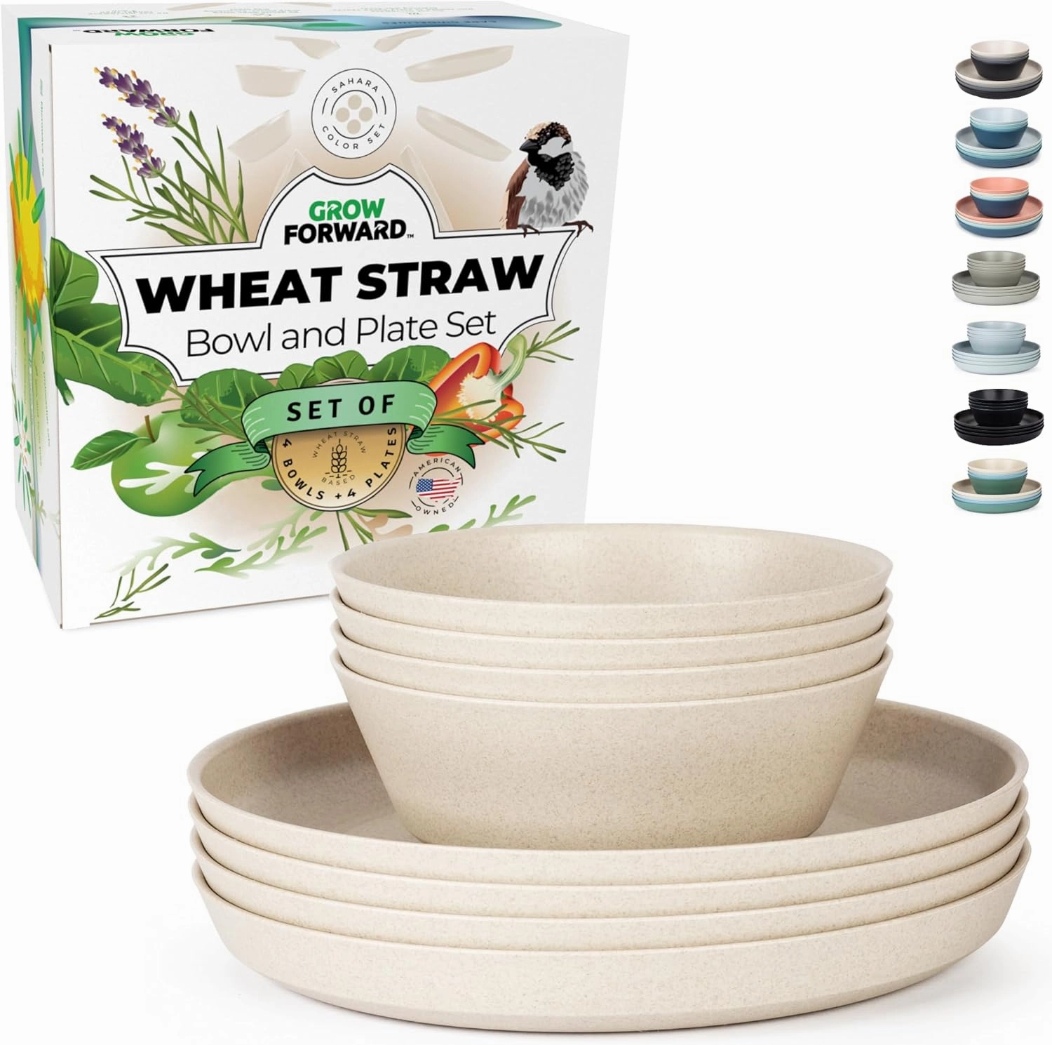 Grow Forward Premium Wheat Straw Plates and Bowls Sets - 8-Piece Wheat Straw Dinnerware Sets - Unbreakable & Reusable Microwave Safe Plastic Dinner Plates for Outdoors, RV, Camping Dishes - Sahara