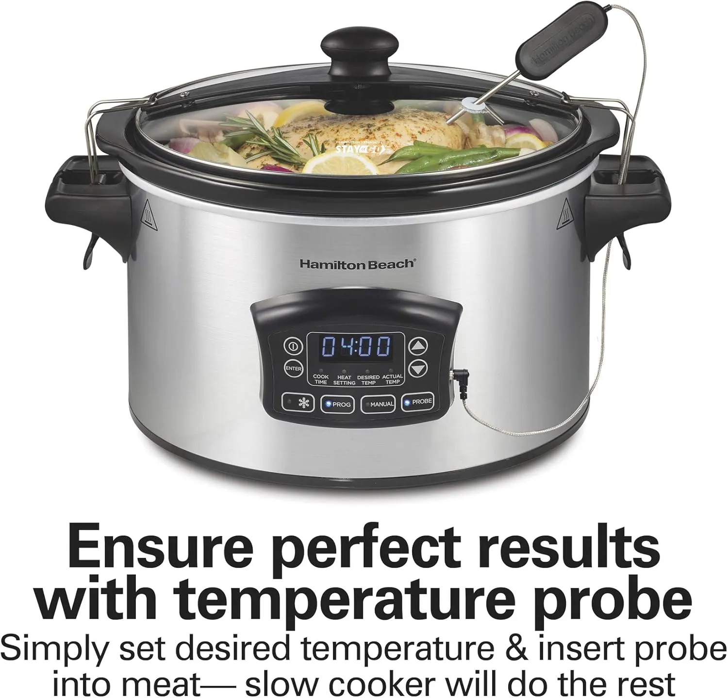 Hamilton Beach Portable 6 Quart Set & Forget Digital Programmable Slow Cooker with Lid Lock, Temperature Probe & Defrost Setting, Dishwasher Safe Crock & Lid, Silver (33869)