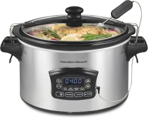 Hamilton Beach Portable 6 Quart Set & Forget Digital Programmable Slow Cooker with Lid Lock, Temperature Probe & Defrost Setting, Dishwasher Safe Crock & Lid, Silver (33869)