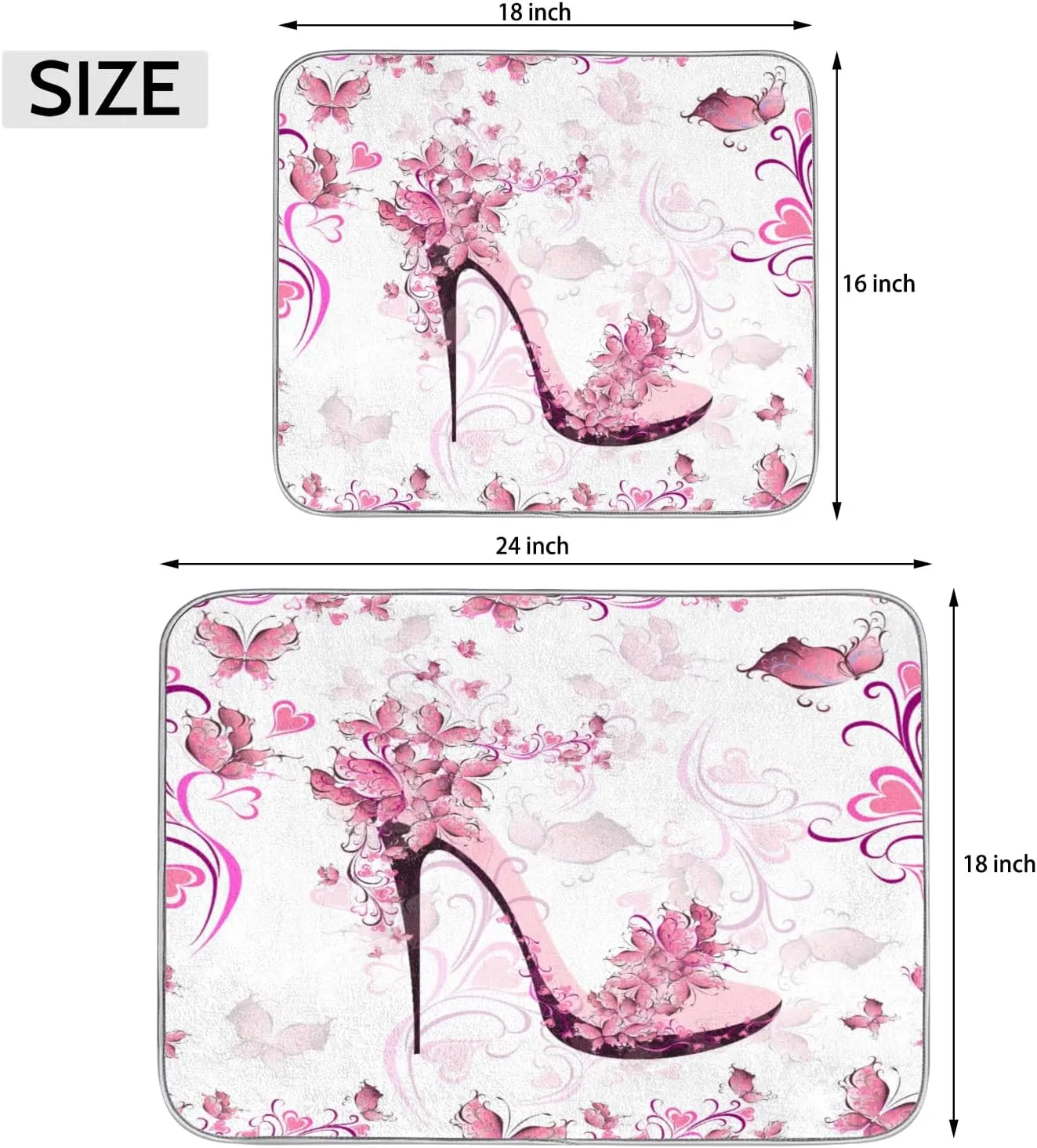 Hand Painted Heart Flower High Heels Dish Drying Mat Non slip Drainer Rack Pad Absorbent Fast Dry Coffee Bar Mat Reusable Washable Microfiber Pad for Kitchen 16 × 18 Inch