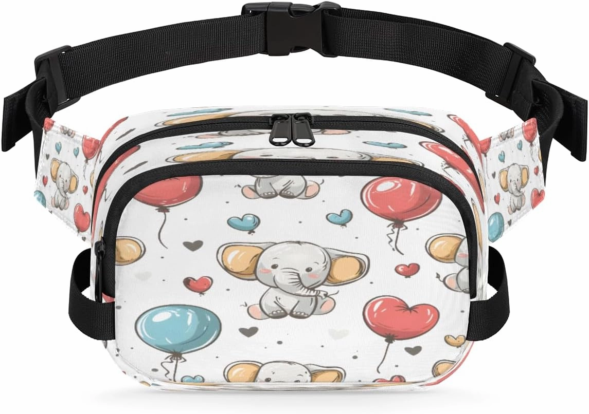 Hand Painted Elephant Love Balloon Waterproof Fanny Pack for Women Men Adjustable Waist Bag with Double Zipper Pockets Lightweight Square Hip Pack for Running Travel Hiking Workout Cycling